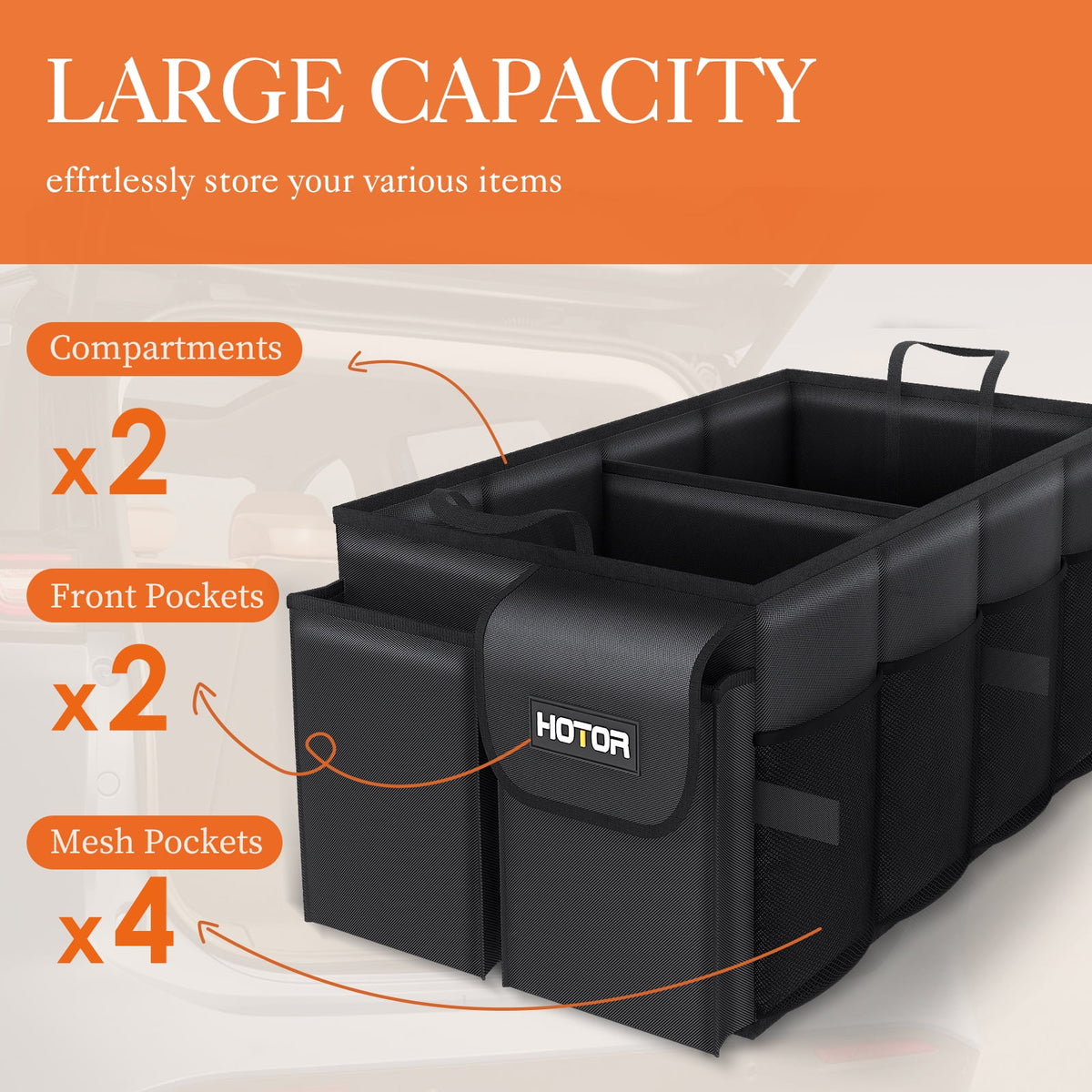 Trunk Organizer for SUV - 2 Compartments & 6 Pockets Trunk Organizer for Car, Car Organizers and Storage