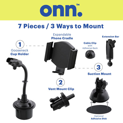  7-In-1 Universal Car Phone Mount Kit, Cup Holder, Vent, Dash, Windshield with Adjustable Ball Joint